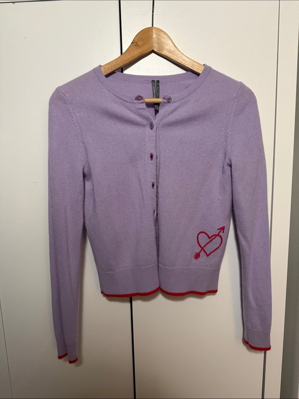 Anthropologie Lavender Cropped Cardigan with Red Heart Embroidery
